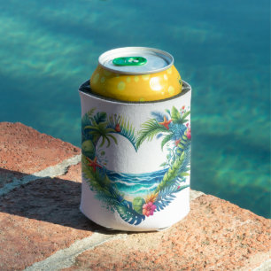 HEART SHAPED SUMMER BEACH SCENE CAN COOLER