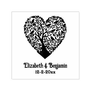 Heart Shaped Tree of Life, Birds Couple Names Date Self-inking Stamp