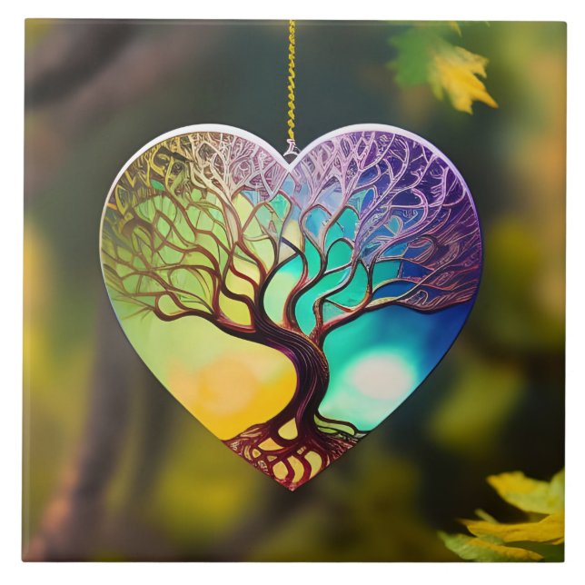 Heart shaped Tree Of Life Ornament Ceramic Tile (Front)