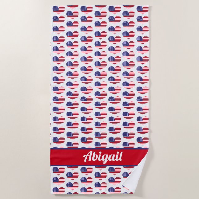Heart Shaped US Flag / Personalised Beach Towel (Front)