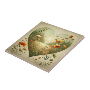 Heart Shaped Wildflower Meadow Botanical Nature Ceramic Tile