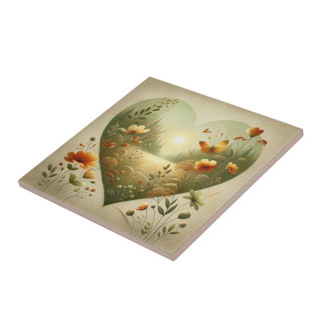 Heart Shaped Wildflower Meadow Botanical Nature Ceramic Tile (Side)