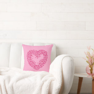 Heart Shaped Wreath of Flowers, Fuchsia and Pink Cushion