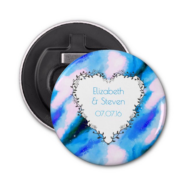 Heart Shaped Wreath On Blue Abstract Wedding Bottle Opener (Front)