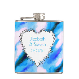 Heart Shaped Wreath On Blue Abstract Wedding Favou Hip Flask