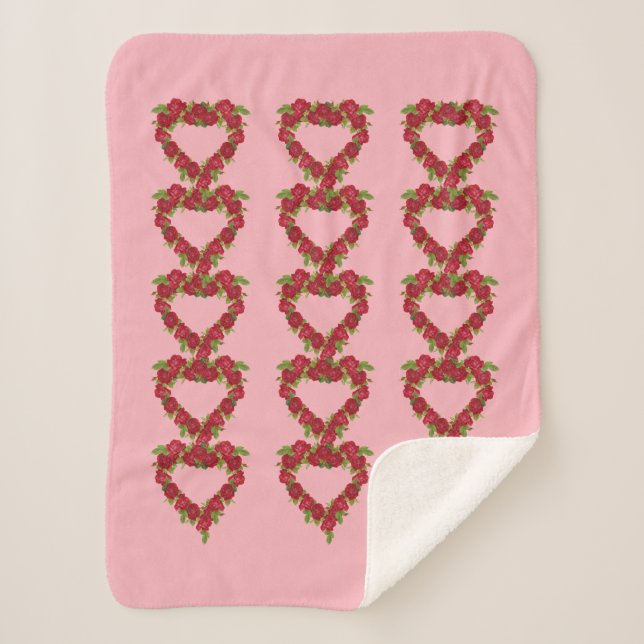 Heart Shaped Wreaths of Red Roses Leaves Pink Sherpa Blanket (Front)