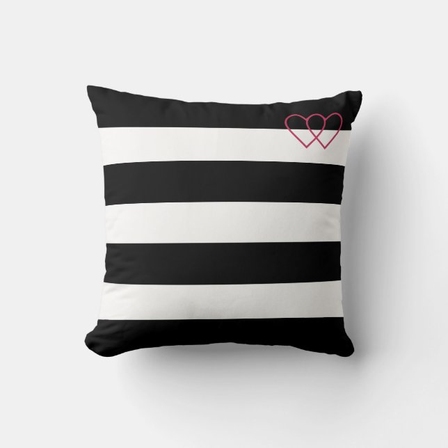 Heart silhouettes on black & white striped cushion (Front)