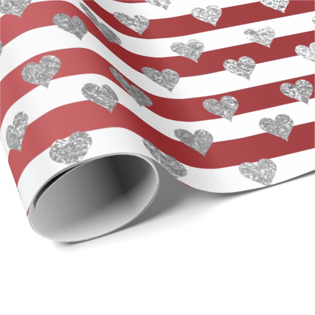 Heart Silver Grey Metallic Stripes Lines Red White Wrapping Paper (Roll Corner)