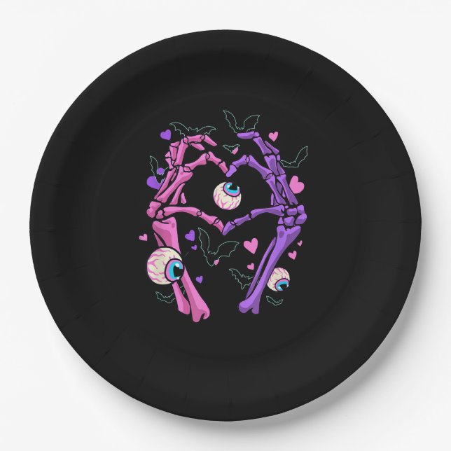 Heart Skeleton Hands - Halloween Pastel Goth Eyeba Paper Plate (Front)