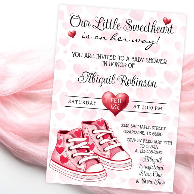 Heart Sneakers Sweetheart Valentine Baby Shower Invitation (Cute heart baby sneakers baby shower invitation with cute sneakers on a pretty heart background.)