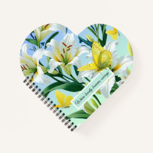 Heart Spiral Notebook Yellow Butterfly White lily