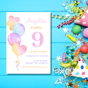 Heart Star Colourful Balloon Kids Birthday Invitation