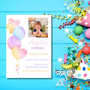 Heart Star Colourful Balloon Photo Kids Birthday Invitation