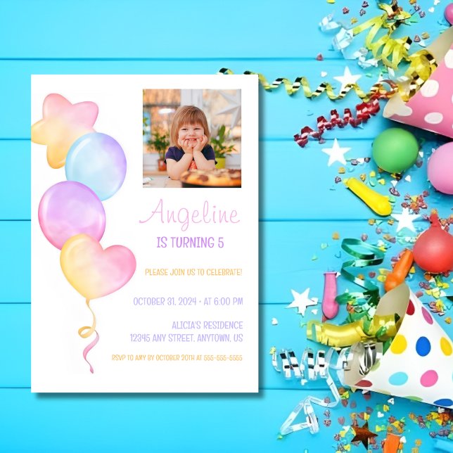Heart Star Colourful Balloon Photo Kids Birthday Invitation (Creator Uploaded)
