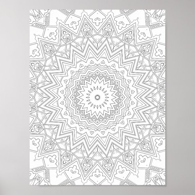 Heart Starburst Mandala Colouring Page Pattern Poster (Front)