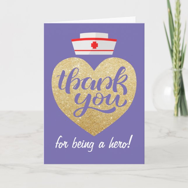 Heart Stethoscope Purple Gold Nurse Thank You Card (Front)