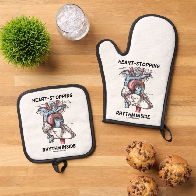 Heart-Stopping Rhythm Inside Anatomical Heart Oven Mitt & Pot Holder Set (Top Down)