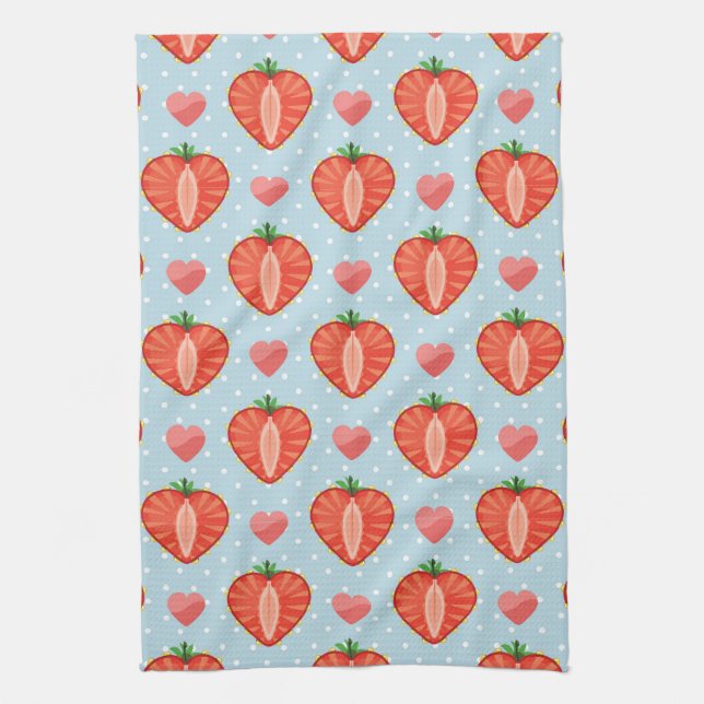 Heart Strawberries with Polka Dots And Hearts Tea Towel (Vertical)