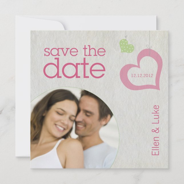Heart Strings Save The Date - Pink & Green (Front)