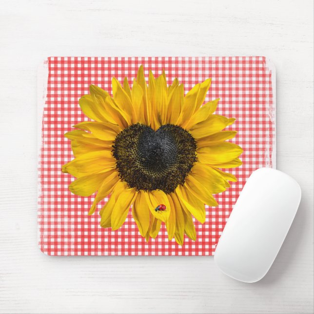 Heart Sunflower and Ladybug on Gingham Mouse Pad (With Mouse)