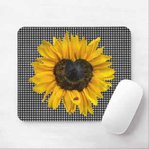 Heart Sunflower and Ladybug on Gingham Mouse Pad