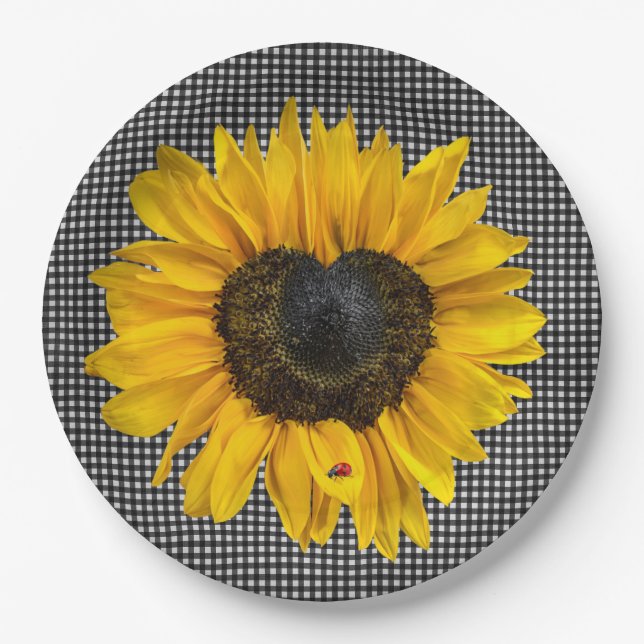 Heart Sunflower and Ladybug on Gingham Paper Plate (Front)