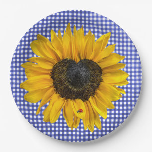 Heart Sunflower and Ladybug on Gingham Paper Plate