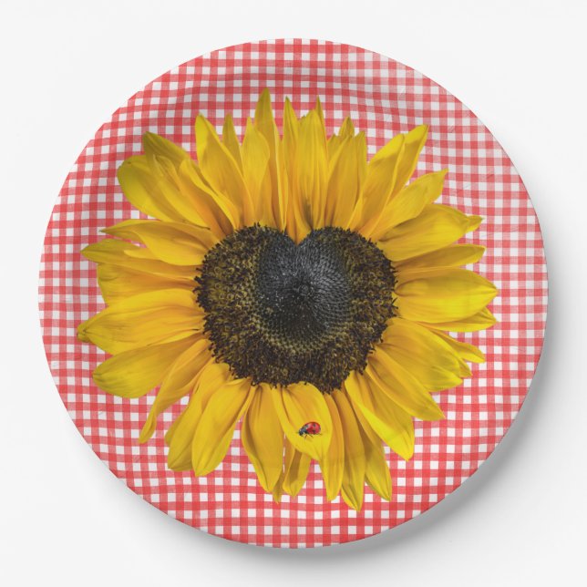 Heart Sunflower and Ladybug on Gingham  Paper Plate (Front)