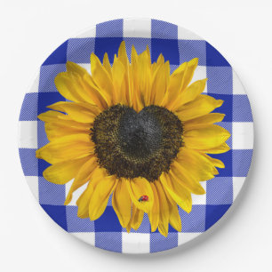 Heart Sunflower Ladybug on Buffalo Plaid Paper Plate