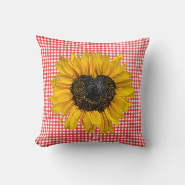 Heart Sunflower on Gingham Cushion (Front)