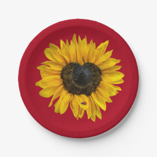 Heart Sunflower with Ladybug On Red Paper Plate