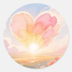 Heart Sunrise Watercolor Landscape Classic Round Sticker