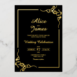 Heart Swirl Frame Elegant Black Gold Foil Wedding