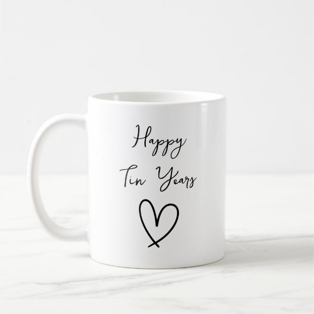 Heart Tin Year Anniversary Mug, Personalized 10th  Coffee Mug (Left)