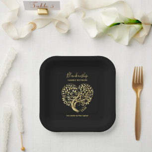 Heart Tree Family Reunion Black Gold  Paper Plate
