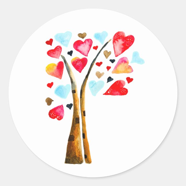 Heart tree valentines watercolor art classic round sticker (Front)