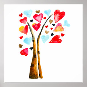 Heart tree valentines watercolor art poster