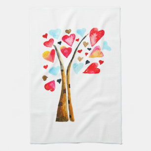 Heart tree valentines watercolor art tea towel