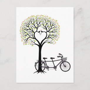 Heart tree with birds and tandem bicycle postcard
