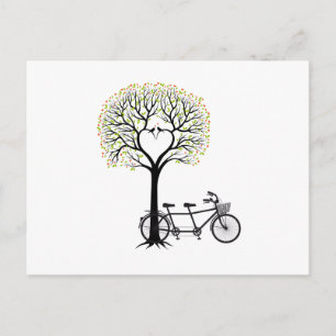 Heart tree with birds and tandem bicycle postcard