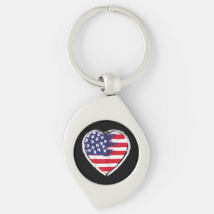 Heart US Flag 4th of July Patriotic American Stars Key Ring