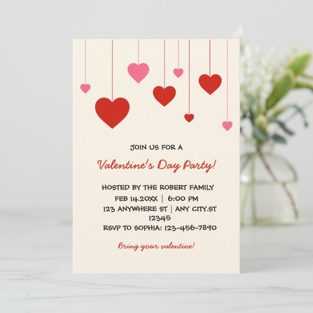 Heart Valentine Red Pink Valentine's Day Party  Invitation (Standing Front)