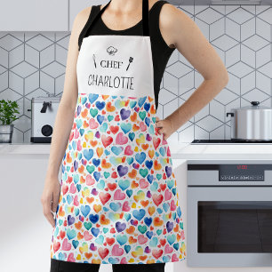 Heart Watercolor Colorful Cute Love Custom Name Apron