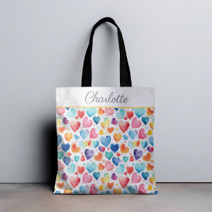 Heart Watercolor Colorful Cute Love Custom Name  Tote Bag
