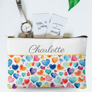 Heart Watercolor Colourful Cute Love Custom Name  Accessory Pouch