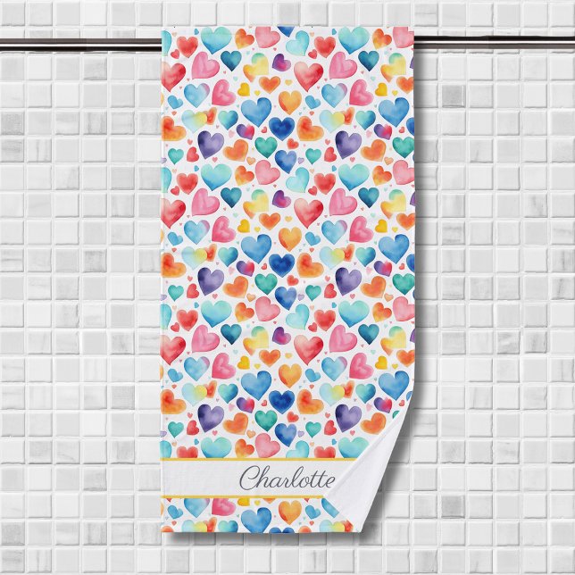 Heart Watercolor Colourful Cute Love Custom Name  Bath Towel (Creator Uploaded)