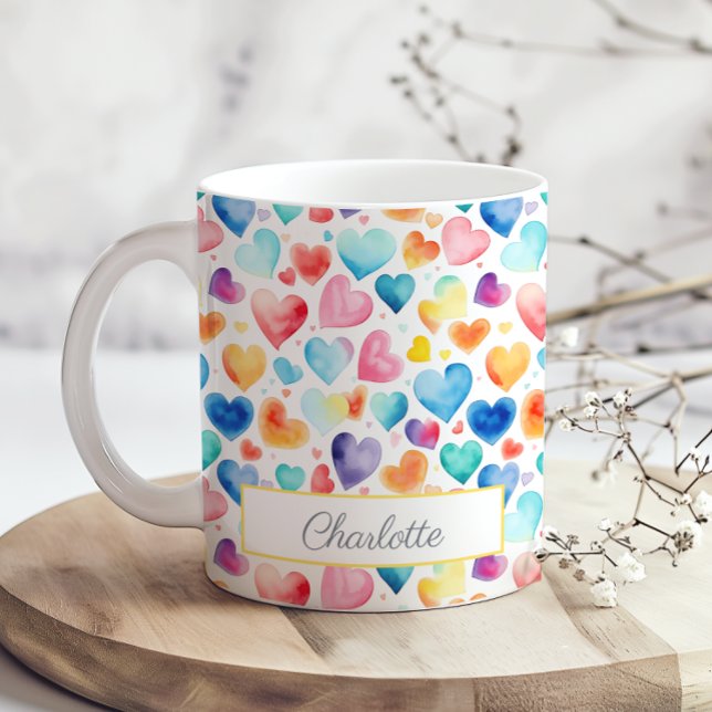 Heart Watercolor Colourful Cute Love Custom Name  Coffee Mug (Creator Uploaded)