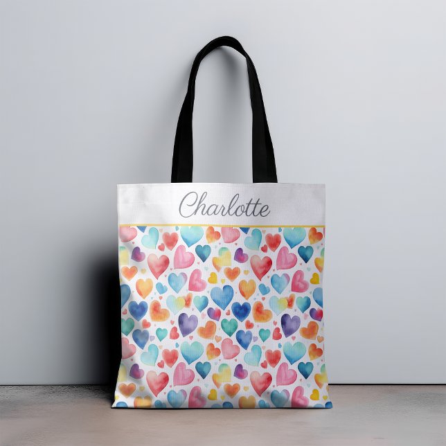 Heart Watercolor Colourful Cute Love Custom Name  Tote Bag (Creator Uploaded)