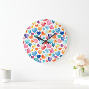 Heart Watercolor Colourful Cute Love Romantic Large Clock
