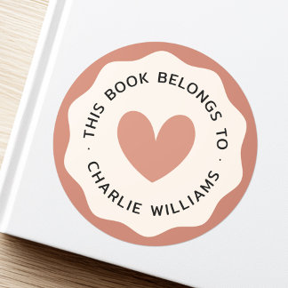 Heart wavy border terracotta cream library book classic round sticker